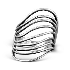 Boho-Magic Sterling Silver Statement Ring for Women Ocean Waves Full Finger Long Jewelry (8)