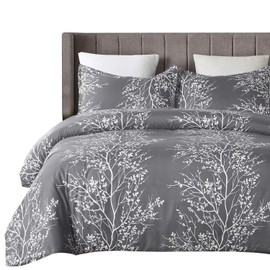 Vaulia Lightweight Microfiber Duvet Cover Set, Grey and White Floral Branches Printed Pattern - King Size