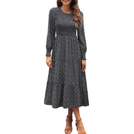 Zattcas Long Sleeve Fall Dresses for Women 2025 Casual Flowy Work Church Modest Boho Floral Midi Dress Semi Formal Winter Wedding Guest Dress Black XL
