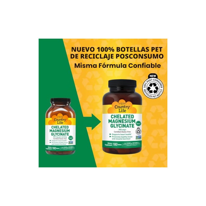 Country Life - Glicinato de magnesio quelado, 400 mg -