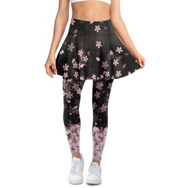 Hucavortre Women Tennis Skirted Leggings with Back Pockets High Elasticity Active Skort Athletic Ruffle Pleated Golf Running Skapri Glowing Cherry Blossoms