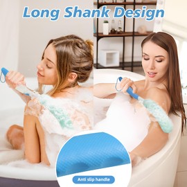 KkaFFe 15.35" Back Bath Brush with Sponge,Back Scrubber Bath Mesh with Curved Long Handle Bath Body Brush for Elderly Aid Bathing and Shower