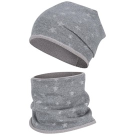 Smarilla Winter Hat + Tube Scarf Girls Winter Set Beanie Snood, Grey Silver Star