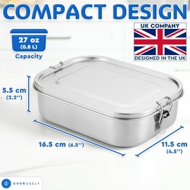 Everusely - Stainless Steel Lunch Box - 27 oz / 0.8 L, 2 Adjustable Dividers - Leakproof Snack and Salad Bento Containers for Adults - Food Storage Boxes with Lids for Work, Picnics, Travel