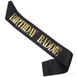 Baddie Birthday Sash - Black & Gold, Soft Sash for Men & Women - Party Decoration Supplies (Black/gold)