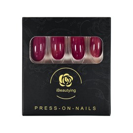 Glossy Claret Bordeaux Red Press on Nails - iBeautying False Nails - UV Gel Finish Finger Daily Wear Nail - Medium Oval Round Reusable Fake Nails