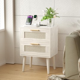 Nightstand with Charging Station,Rattan Night Stand with Solid Wood Legs, Bedside Table with USB Ports & Outlets Bed Side Table,End Table for Bedroom,Living Room