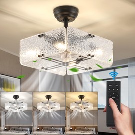 16" Black Farmhouse Ceiling Fan Light Fixture, Industrial Fan With Remote Control, Acrylic Cage Light for Kitchen, Bedroom (6 Speeds, 3 Colors, Timer)-E12 No Bulb