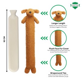 ADEPTNA 2L Extra Long Hot Water Bottle with Sherpa Animal Character with Soft Plush Faux Fur Cover - Giant Size Ideal for Full Body (Brown)