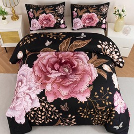 ANGIYUIN 3Pcs Black and Pink Full Floral Comforter Set Pink Flowers Bedding Set for Women Botanical Print Bed Set Gold Leaves Bed Comforter Set Soft Farmhouse Bed Set with Pillowcases