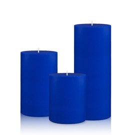 Set of 3 Different Size Blue Colored Pillar Candles, Unscented Dripless 2.75x3, 2.75x4, 2.75x6 Inch Long Lasting Burning Assorted Heights Cylinder Wax Candles for Home Table Hurricane Power Outage