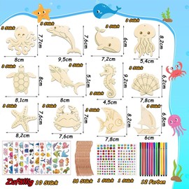 Barlone Pack of 60 Craft Sets for Children, DIY Wooden Painting Children Sea Animals, Wooden Pendants for Painting, Binder Craft Set with Watercolour Pen, Gemstone Stickers, Decorative Cord, Crafts