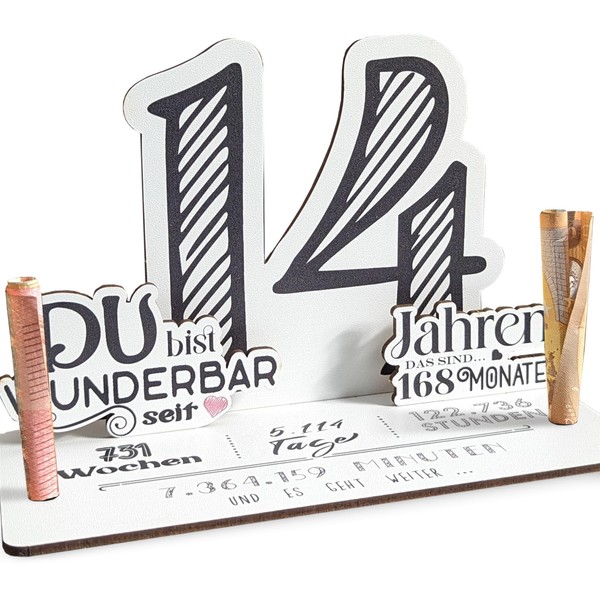 14 Geburtstag - 14 Jahre 3D-Holzkarte | Geldgeschenke, 14 Geburtstag