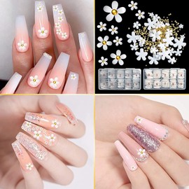 Nails Kit Acrylic Set 1000Pcs Press on nNail Fake French Curved Nail with with 3D White Flower Nail Art Charm Decoration (Clear+Natural)