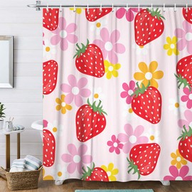 Linda cortina de ducha de fresa, moderna cortina de ducha de frutas y estética retro, divertida y divertida cortina de ducha hippie de los años 70, con ganchos, 70 x 70 pulgadas, rosa claro, naranja y