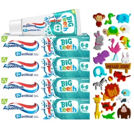 4 Pack Bundle - Aquafresh Big Teeth Age 6-8 Years (4X 50ml). A Hadco Bundle with a Puffy Sticker Sheet Included (Stickers Chosen at Random) Kids Toothpaste.