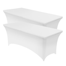 Spandex Tablecloth 8 ft, 2 Pack Stretchable Stretch Spandex Fitted Table Cover Wedding Party Bar Exhibitions Washable Table Covers Open Back (White)