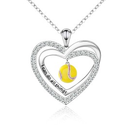 Helonley Ball Necklace for Women - 925 Sterling Silver Volleyball Basketball Football Softball Necklace Jewelry I Can Do All Things Sport Necklaces Gift for Women (Softball Necklace)