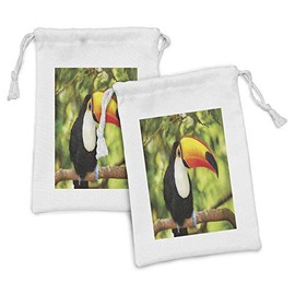 Lunarable Jungle Fabric Pouch Set of 2, Tucan Bird Tree Branch Rainforest Eco Tourism Zoo Wildlife Picture, Small Drawstring Bag for Toiletries Masks and Favors, 9" x 6", Lime Green Vermilion