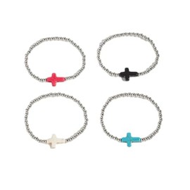 Pingyongchang Silver Beads Colorful Cross Bracelets Set for Women Stackable Baptism Christian Easter Stack Stretch Bead Ball Simulated Pearl Bracelet Wedding Party Christmas Gifts-Silver