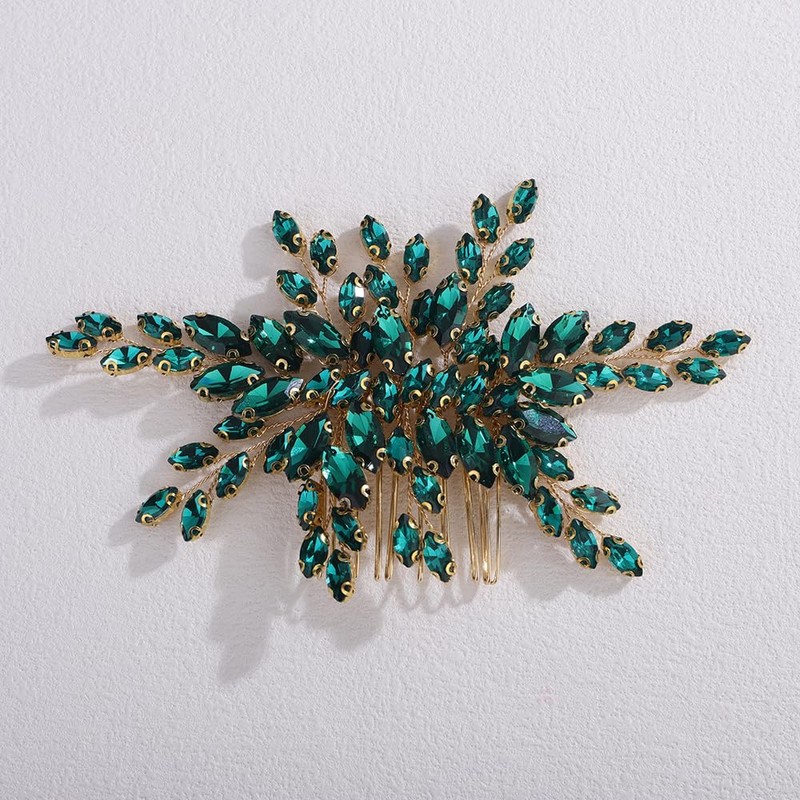 Teyglen Full Peacock Green Rhinestone Wedding Hair Comb Crystal Headpiece