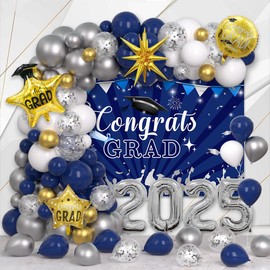 AIBIIN 105Pcs Blue and Gold Graduation Party Decorations, Congrats Grad Photo Props Banner Class of 2025 Balloons Garland Arch Kit Grad Party Decoration Supplies