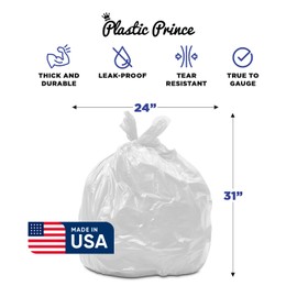 PLASTIC PRINCE (250 Pack) 13 Gallon Trash Bags, 12-16 Gallon Clear Kitchen Bags, 1.3 Mil, Heavy Duty, Fits Round and Square 12-16 gal Trash Cans, 24" x 31" Garbage Trash Can Liners
