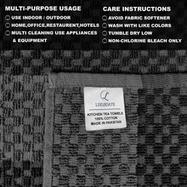 LIXURIATE Stripe Designed Tea Towels for Kitchen - 100% Cotton | Super Absorbent & Quick Drying Hotel Quality Kitchen Towels Set | 60 x 40 cm - Machine Washable for Everyday Use (5 Pack, Grey & Black)