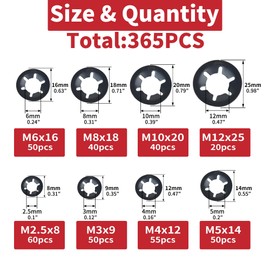 AIMUNOK 365PCS Internal Tooth Starlock Washers, 8 Sizes Push On Speed Clips Fasteners Assortment Kit, 65 Mn Steel Black Oxide Finish Star Lock Washers.