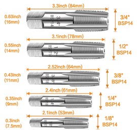 5-Piece BSP Pipe Tap Set, Precision Carbon Steel Tap Set for Clean Accurate Threads, 3/4", 1/2", 3/8", 1/4", 1/8" BSP Tap, Perfect for Plumbers Mechanics DIYers, with Durable Plastic Case.