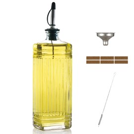 Wongblee 1-Pack Glass Olive Oil Dispenser 500ML/17OZ, Rectangular Vinegar Bottle with Stainless Steel Pourer, Brush, Funnel, Label (Ribbed)