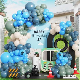 146pcs Garbage Truck Birthday Decorations, Recycling Truck Birthday Twilight Blue Green White Balloons Garland Arch Kit for Boys Waste Management Recycling Party Supplies