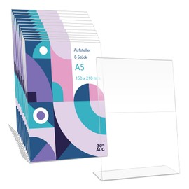 AKOLAFE Pack of 8 A5 Acrylic Table Stands A5 Transparent DIN A5 Stand Slanted L Plexiglass Menu Card Holder for Restaurant, Photos, Office, Cafe, Shop