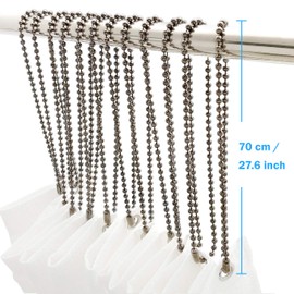 Black Nickel Shower Curtain Hooks, 55 Inch Ball Chain Design, 12 Pack Rust-Resistant Metal Curtain Rings for Bathroom Rods, Heavy Duty 4.5mm Shower Curtain Hangers