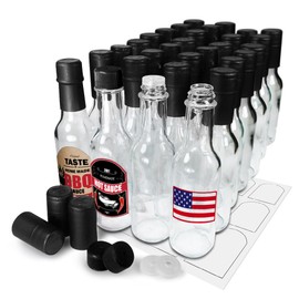 5oz Hot Sauce Bottles, Empty Clear Glass Woozy Bottles with Shrink Capsules, Small Wine Bottle with Shirnk Bands, Canning Bottle Cap Orifice Reducer Self-Printable Labels Free Design Template 30 BLACK