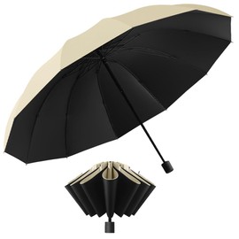 FUWEN Paraguas Plegable Reforzado, Sombrilla Grande para Lluvia y Sol, Paraguas de Bolsillo Resistente al Viento con 12 Varillas de Aleación, Protección UV y Ligero y Portátil, para Hombres y Mujeres-Caqui