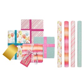 BIOBROWN Birthday Wrapping Paper Roll Set for Kids, Gift Wrap Bundle (4 Sheets, 18.88 sq. ft. ttl.) with Reversible Wrap Paper, Ribbons, and Tags for Baby Shower, Party - Balloons