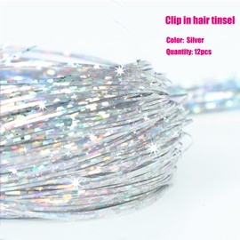 YOOONXI 12Pcs Hair Tinsel Clip in 19.6Inch Glitter Tinsel Hair Extensions Heat Resistant Shiny Sparkle Fairy Hair Tinsel Kit for Women Girls Kids (Silver)