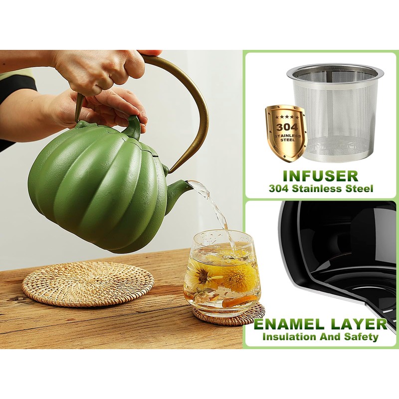 VICSKY Pumpkin Cast Iron Teapot (40 oz/1200 ml), Cute Natural