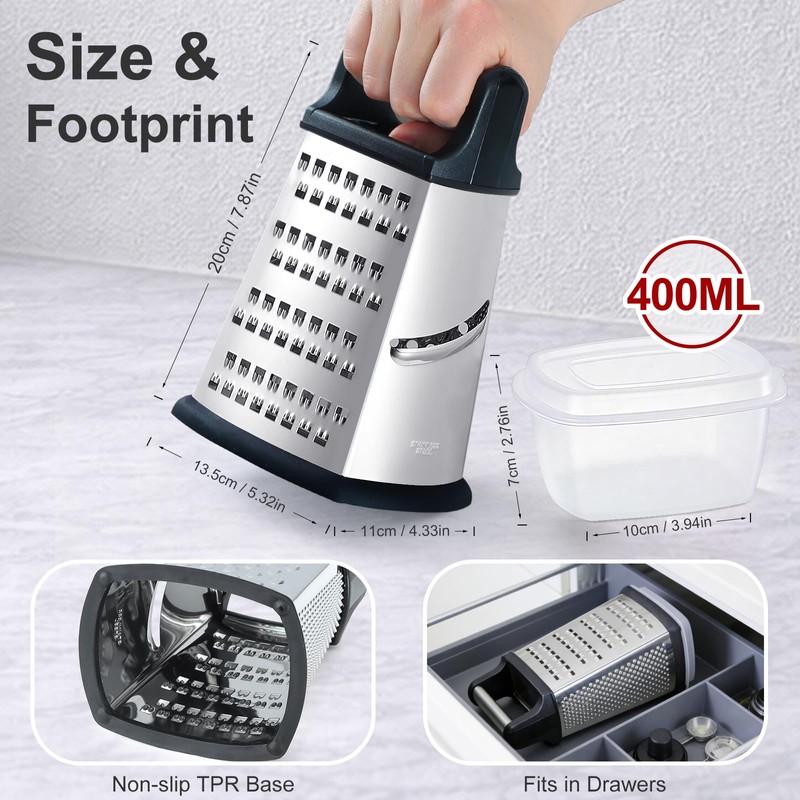 Ourokhome Cheese Grater, Handheld Box Grater with Container & Lid,