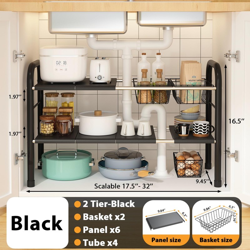 KOSIWU Expandable Under Sink Organizer, 2 Tier Under Sink Shelf