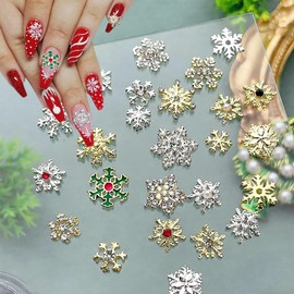 30Pcs Christmas Snowflake Nail Gems and Charms Alloy Winter Snowflake Nail Jewelry Flat Back Christmas Nail Charms Gold Silver Nail Rhinestones Xmas Nail Supplies for Women Nail Art Designs
