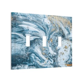 Luxury Abstract Teal Turquoise Indigo Navy Blue White Marble 3 Gang Light Switch Cover Wall Plate Abstract Modern Marbled Texture Triple Toggle Device Outlet Cover Electrical Faceplate Switchplate