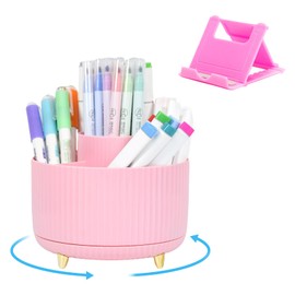 Marte Vanci Pen Pencil Holder, 360°Rotating Desk Organiser Pen Pot with Phone Stand, Makeup Brush Holder 5 Slots Desktop Stationery Art Supply Storage Caddy Accessory for Home Office School Pink