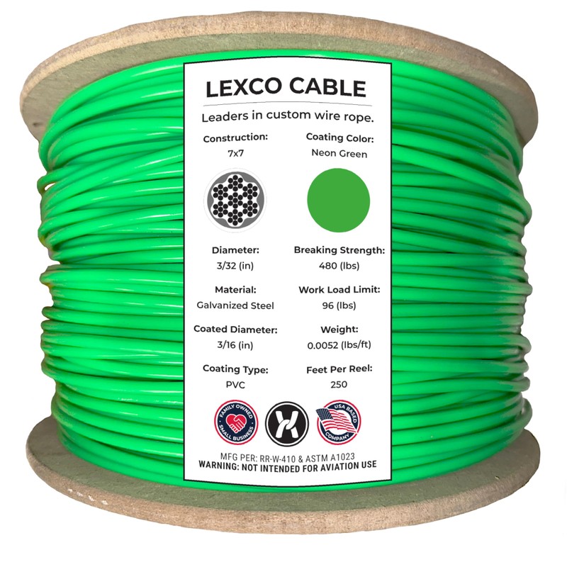 Lexco Cable 3327316CCNG 250' Spool of 3/16" Neon Green PVC