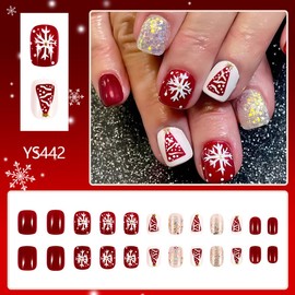 24 Pcs Xmas Tree Snowflake Press on Nails Christmas Fake Nails Short Square False Nails Full Cover Glitter Cute Holiday Acrylic Nails Winter Stick on Nails for Women and Girls New Year Nails