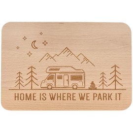 Spruchreif Breakfast board "Home is where we park it", engraved wooden board with camper motif, beech wood chopping board for vanlife and camping fans, 22 x 15 x 1 cm