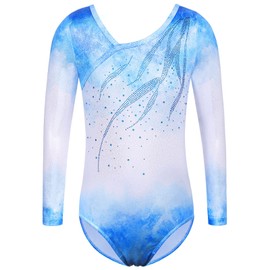 ZNYUNE Gymnastics Leotards for Girls Long Sleeve/Sleeveless Colorful Sparkle Athletic Ballet Dance Leotard for Kids 3-12 Years B270 WhiteBlue 14A