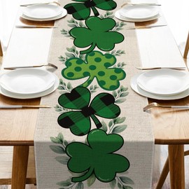 Girlly St Patricks Day Table Runner 13x72 Inch Shamrocks Eucalyptus Buffalo Plaid Seasonal Holiday Kitchen Dining Table Decoration for Indoor Kitchen Dining Home Party Decor