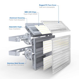 Kekeou 42000LM Stadium Lights Outdoor LED Flood Light 300W 6500K IP67 Waterproof 1500 Watt Equivalent with 3 Adjustable Heads Wider Lighting Angle for Sports Fields and Court